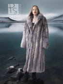 Long gray fur coat with shawl collar, open front, straight relaxed silhouette