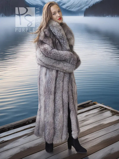 Light gray fox coat with plush shawl collar, open front, long sleeves