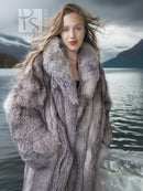 Light gray fox coat with plush shawl collar and open front, long sleeves