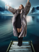 Gray long fur coat with shawl collar, open front, raised arm styling