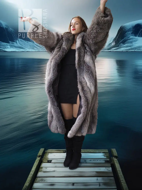 Gray long fur coat with shawl collar, open front, raised arm styling