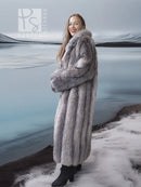 Long gray fur coat with shawl collar and voluminous sleeves, side view