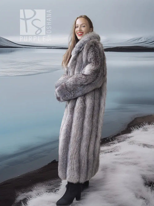 Long gray fur coat with shawl collar and voluminous sleeves, side view