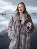 Gray fur coat with shawl collar, open front, long sleeves, buttonless design