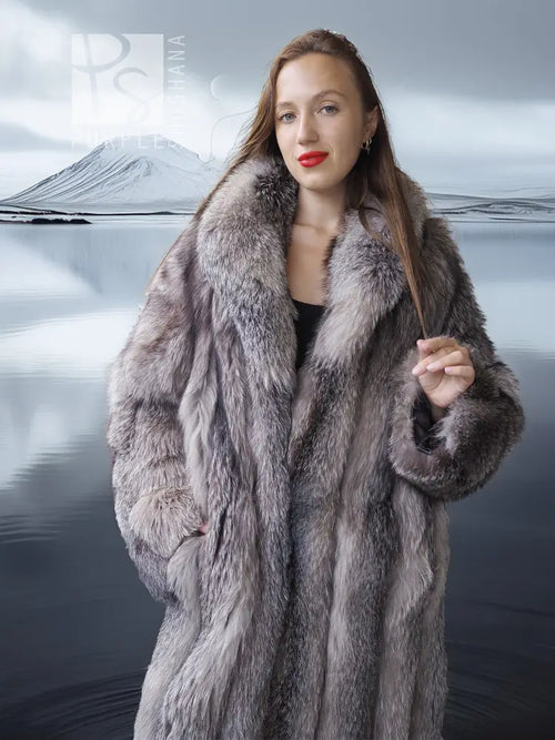 Gray fur coat with shawl collar, open front, long sleeves, buttonless design