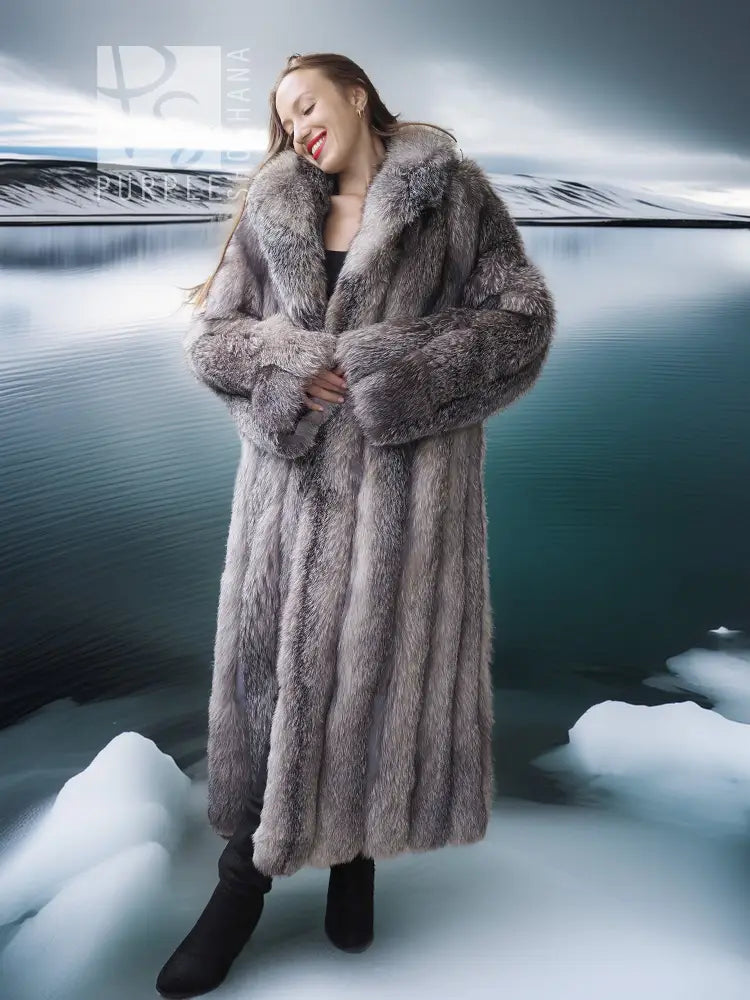 Light gray fox coat with shawl collar and open front, full-length fur