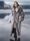 Light gray fox coat with vertical fur pattern, open front and long length