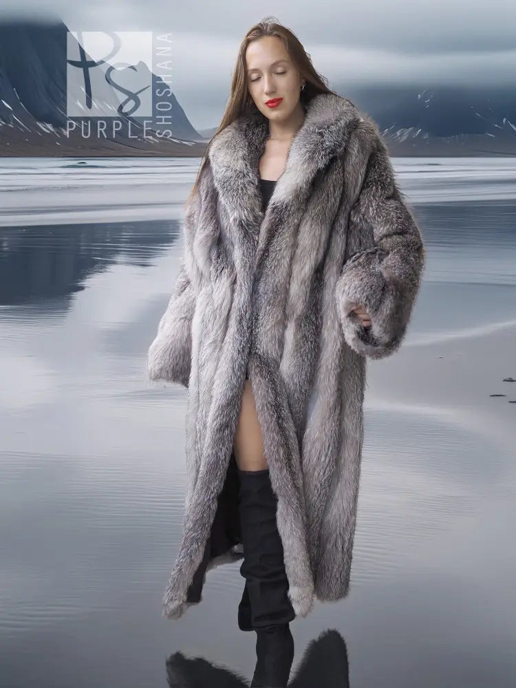 Light gray fox coat with vertical fur pattern, open front and long length