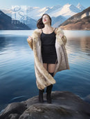Tan faux fur coat with shawl collar, long sleeves and open front over a black dress