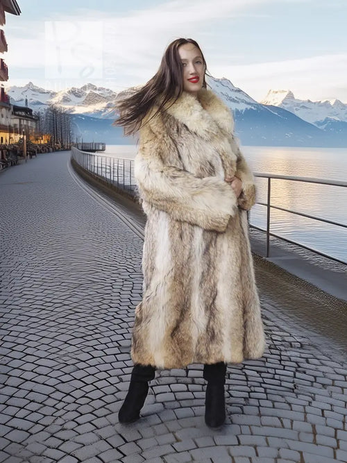 Coyote fur coat with shawl collar, textured long fleece, open front, light tan