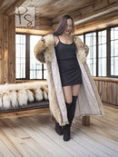 Beige fur coat with shawl collar and open front, long sleeves, relaxed drape.