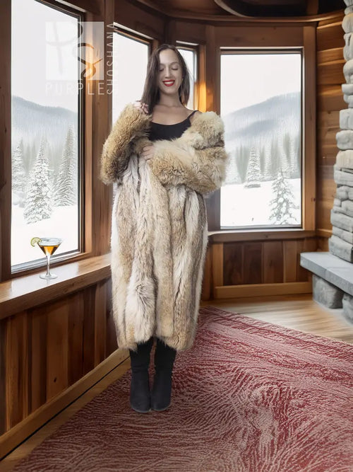Women’s coyote-fur coat with shawl collar, long shaggy cream and taupe