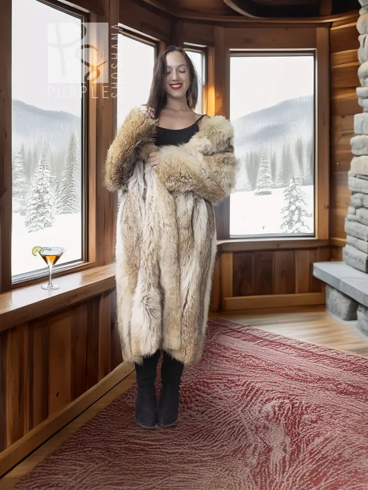 Women’s coyote-fur coat with shawl collar, long shaggy cream and taupe