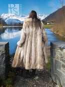 Coyote fur coat with shawl collar, long sleeves, open front, light tan fleece