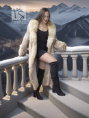 Coyote fur coat with shawl collar drape, light tan long fleece, open front