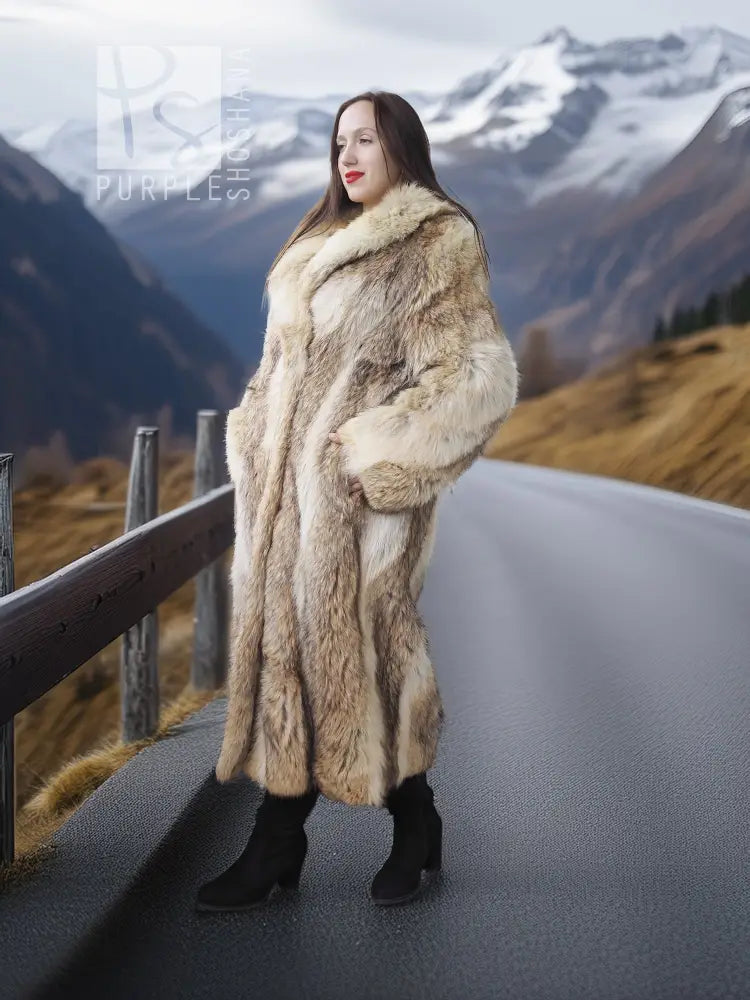Long tan faux fur coat with shawl collar, side view showing relaxed fit and front pockets