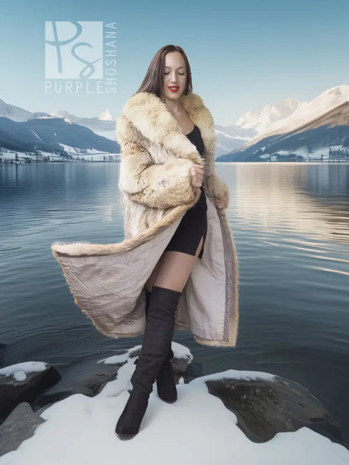 Coyote fur coat with shawl collar and wide sleeves, light tan, open front