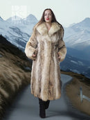Light beige long fur coat with shawl collar and long sleeves, straight fit.