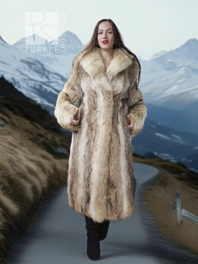 Light beige long fur coat with shawl collar and long sleeves, straight fit.