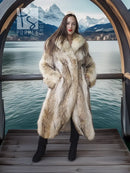 Light beige fur coat with shawl collar and long sleeves, knee-length.
