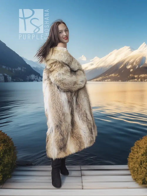 Long tan faux fur coat with shawl collar, front view with black boots and fitted black dress