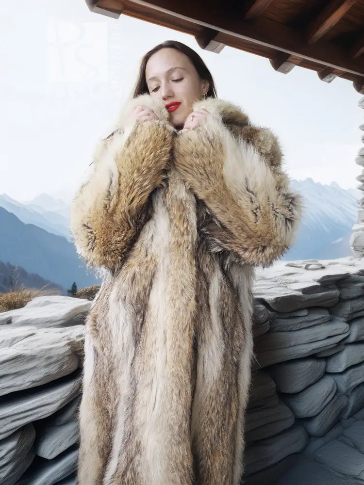 Light beige fur coat with shawl collar, full sleeves, open front with draped panels.