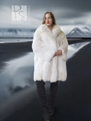 White faux fur fox coat with full sleeves and soft, fluffy open front