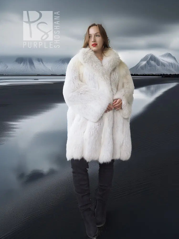 White faux fur fox coat with full sleeves and soft, fluffy open front