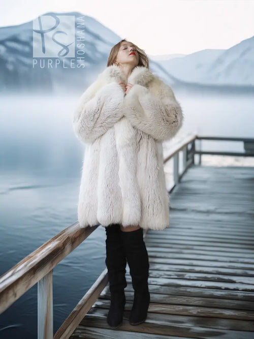 White fox fur coat with oversized collar and thick fluffy texture, full-length long sleeves