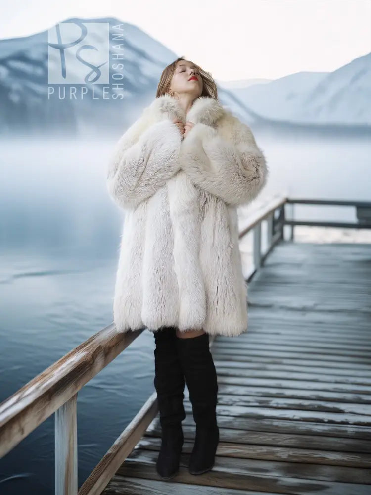 White fox fur coat with oversized collar and thick fluffy texture, full-length long sleeves