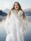 White faux fur fox coat with full body volume and long, padded-looking sleeves