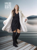 White fox fur coat with open front and wide collar, model standing view
