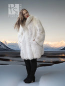 White faux fur fox coat with dramatic shawl collar and voluminous silhouette