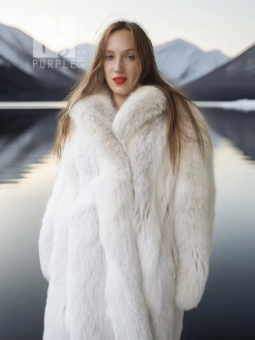 White fox fur coat with oversized collar, full sleeves, model front view