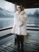 White fox fur coat with thick cuffs and plush collar, open front silhouette
