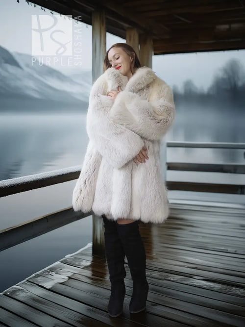White fox fur coat with thick cuffs and plush collar, open front silhouette