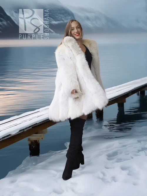 White fox fur coat, side view, oversized collar with fluffy front and long sleeves