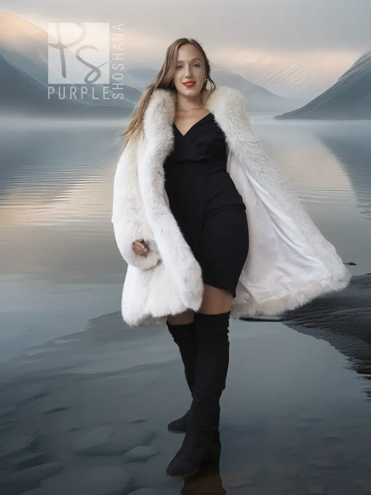 White faux fur fox coat with oversized collar and flowing, wide shoulder shape