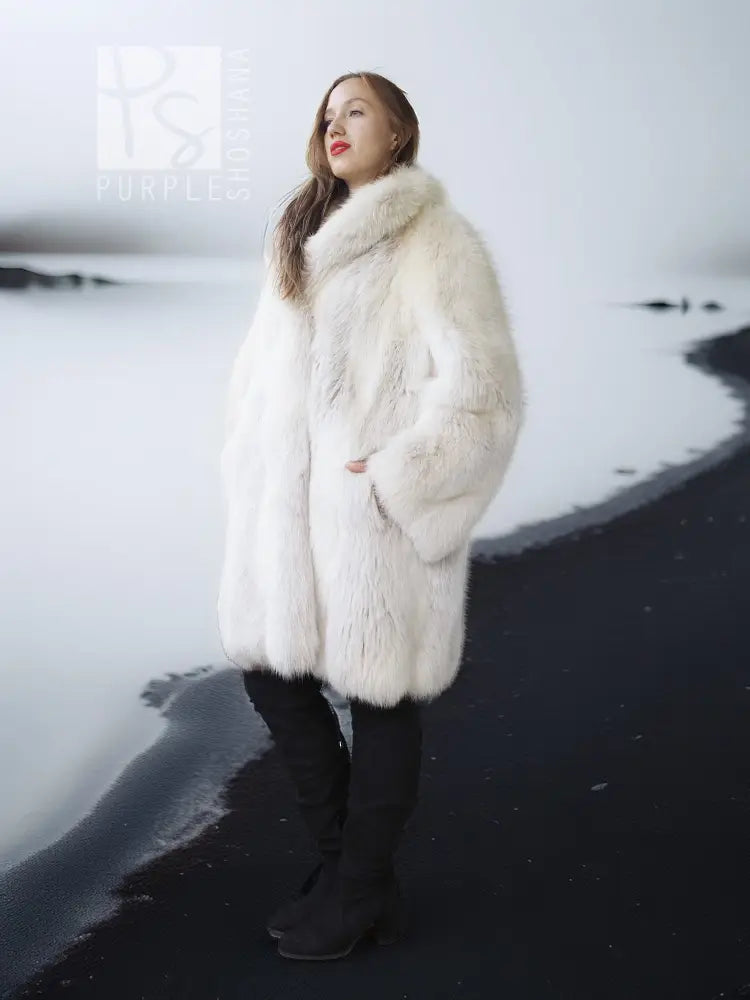White fox fur coat with plush high collar, side profile view, knee-length