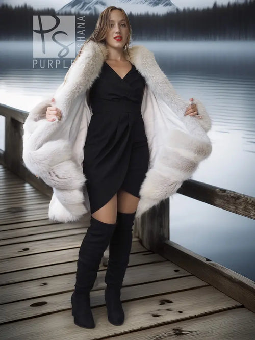 White faux fur fox coat with plush shawl collar and flared, blanket-like sleeves