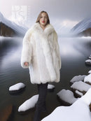 White fox fur coat with oversized collar, full-length voluminous fur and long sleeves