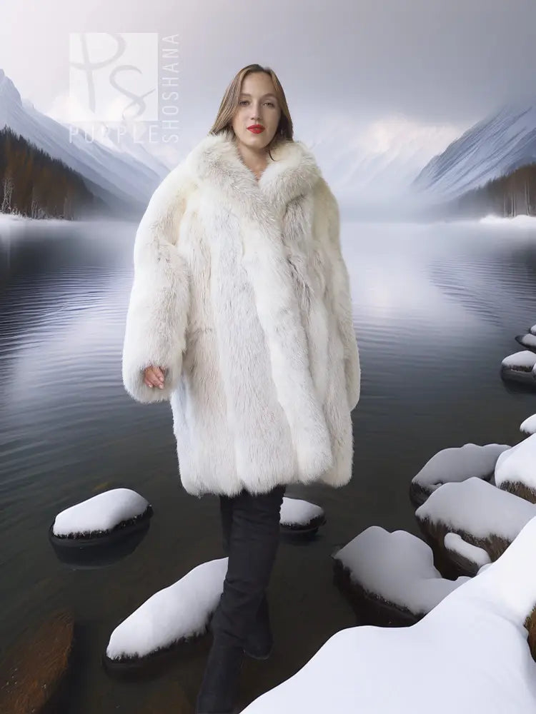 White fox fur coat with oversized collar, full-length voluminous fur and long sleeves
