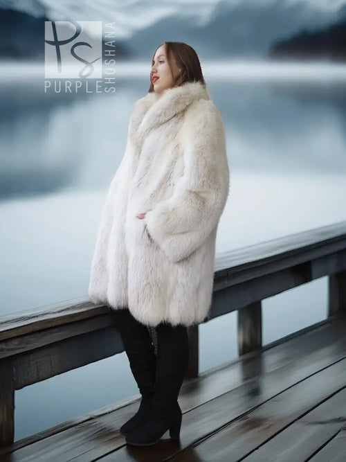 White faux fur fox coat with textured plush finish and cozy standing collar