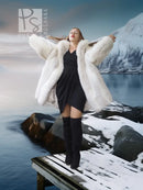 White fox fur coat with wide collar, open front, flared volume sleeves