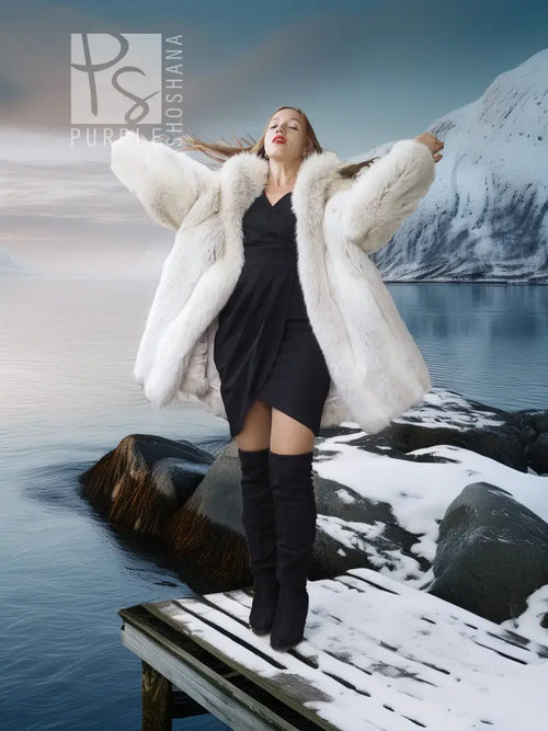 White fox fur coat with wide collar, open front, flared volume sleeves