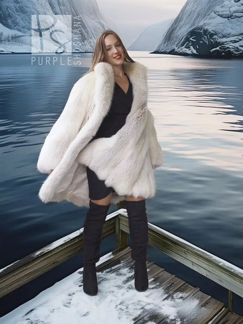 White fox fur coat with soft plush texture and wide collar, relaxed A-line shape