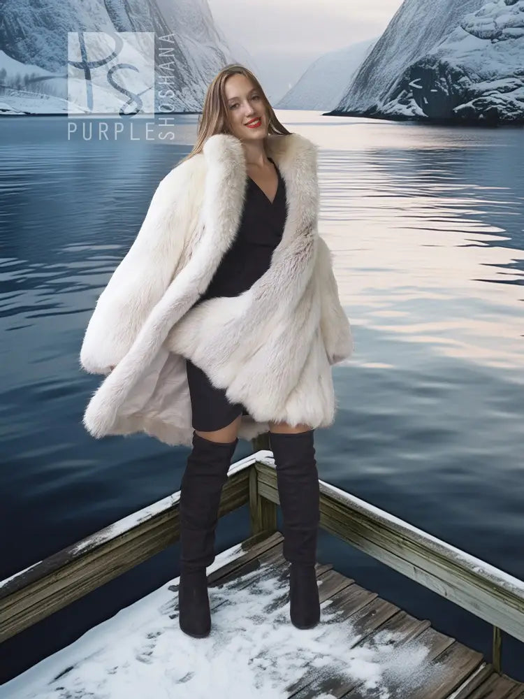 White fox fur coat with soft plush texture and wide collar, relaxed A-line shape