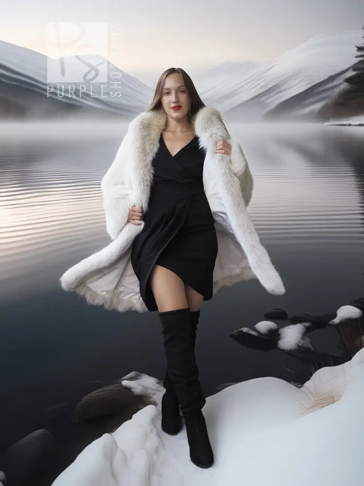 White faux fur fox coat with thick shawl collar and fluffy, flared hem