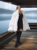 White faux fur fox coat with dramatic collar and wide, wrap-style drape