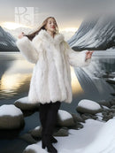 White fox fur coat with oversized collar, voluminous body and long sleeves